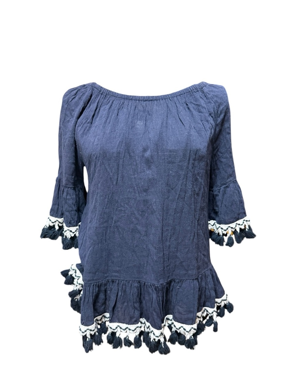 crown & ivy Navy Tassel-Trim Cotton Blend Peasant Tunic size XSP